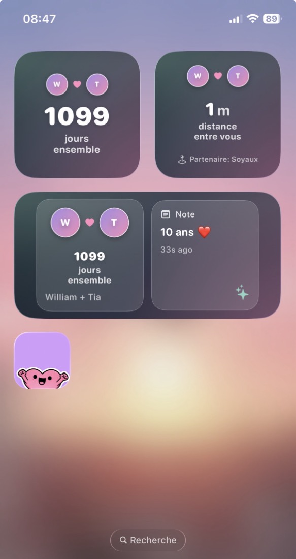 Capture des widgets LovBubble sur l'ecran d'accueil iOS